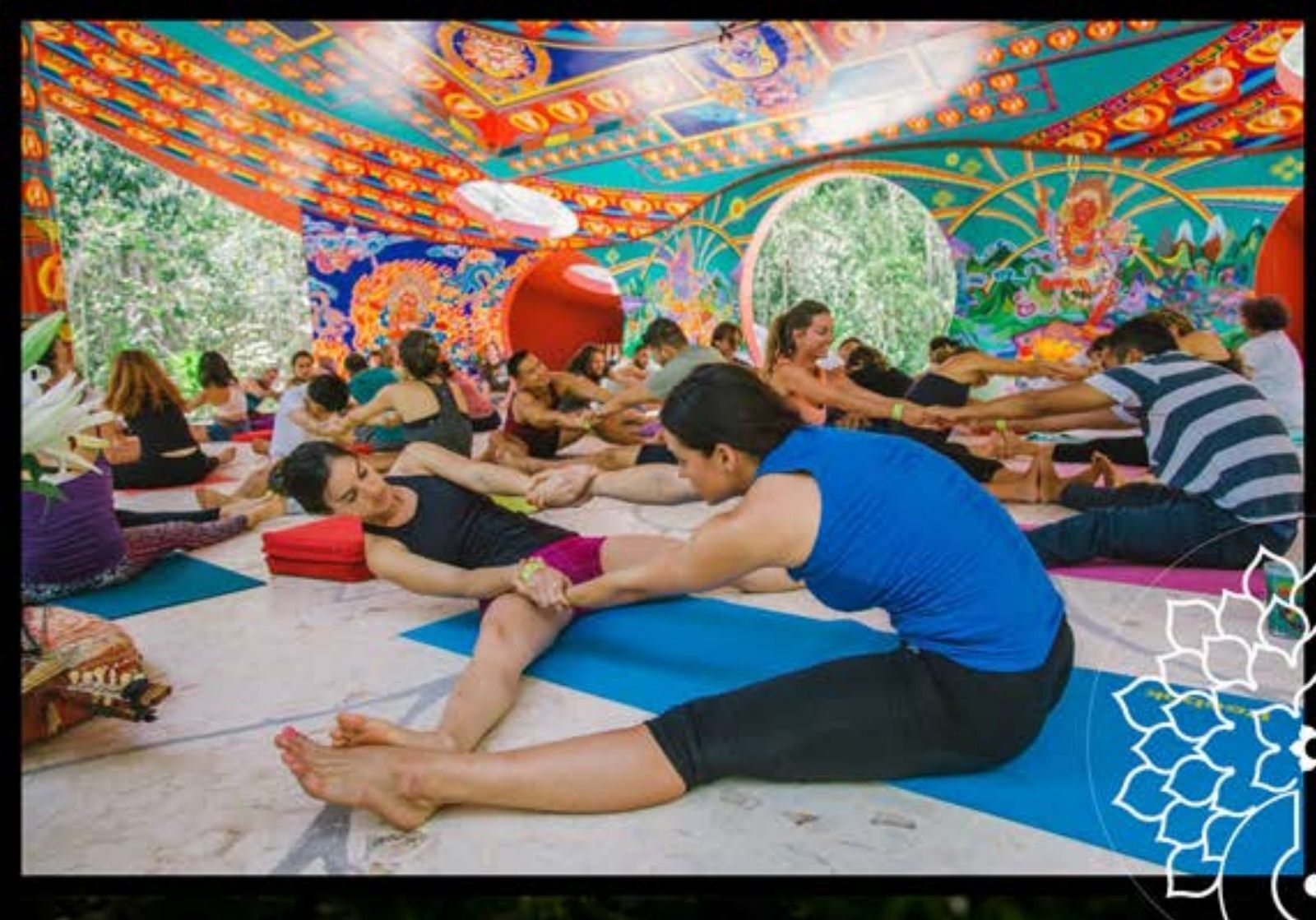 Circle practice inside the muraled White Lotus hall