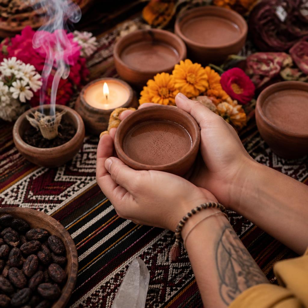 Clay cups of cacao on a woven altar