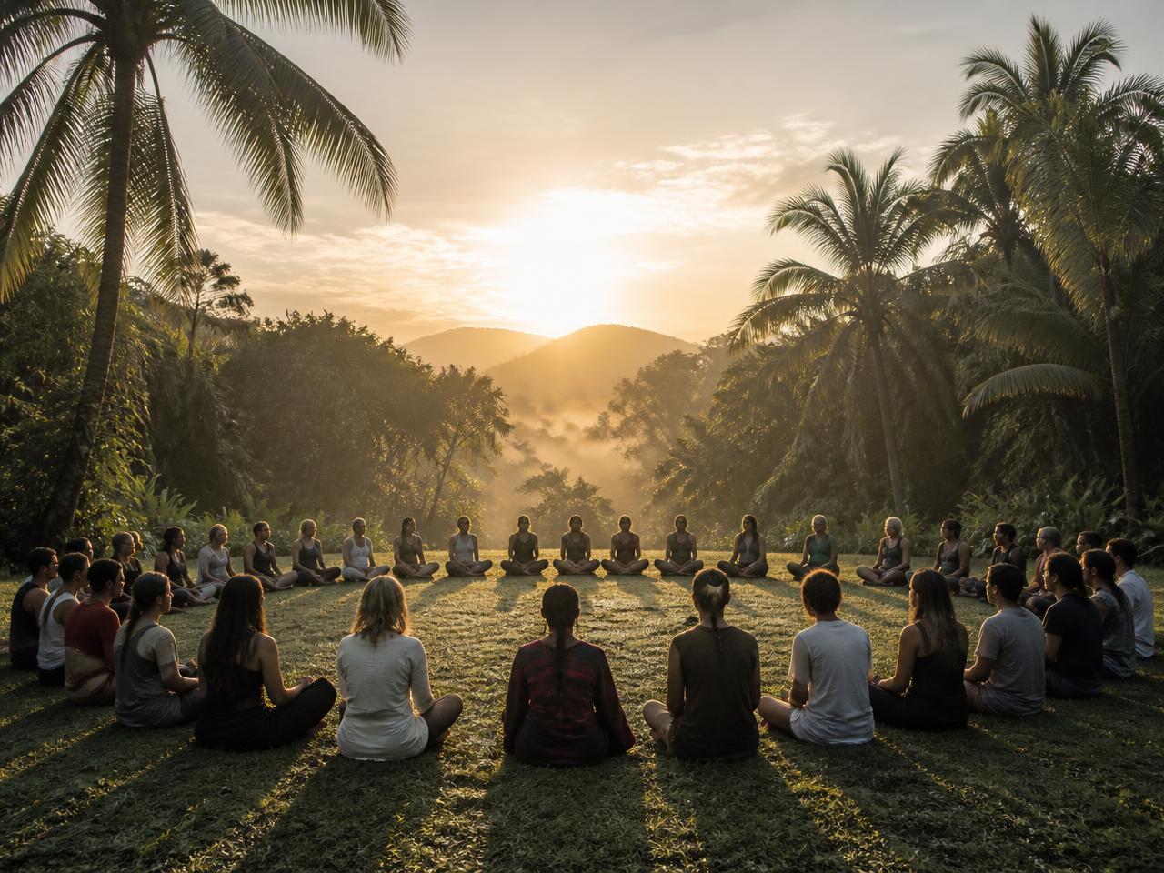 Group seated in a circle at sunrise in a jungle clearing